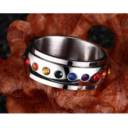 Rotating silver ring - rainbow crystal stones - stainless steelRings