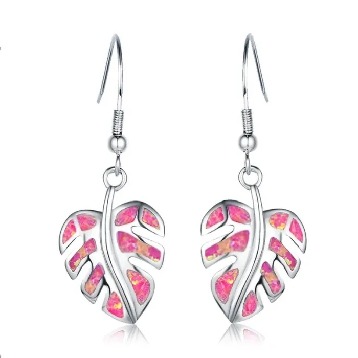 Silver dangle leaves earrings - colorful crystal opalEarrings