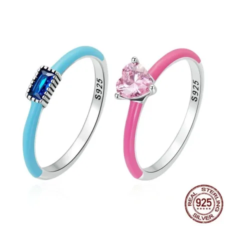 Pink zircon heart / blue square zircon - 925 sterling silver ringRings