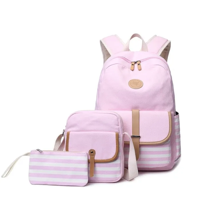 Striped canvas backpack - schoolbag - 3 pieces setBags