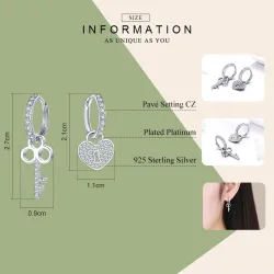 Asymmetric silver earrings - heart / key - with crystals - 925 sterling silverEarrings