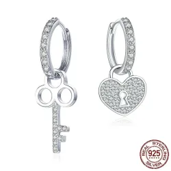 Asymmetric silver earrings - heart / key - with crystals - 925 sterling silverEarrings