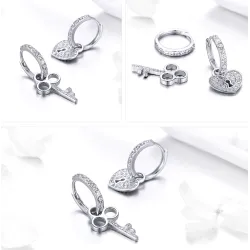 Asymmetric silver earrings - heart / key - with crystals - 925 sterling silverEarrings