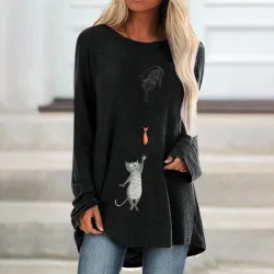 Long sleeve t-shirt - long pullover - two cats / fish printBlouses & shirts