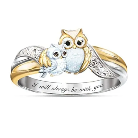 Mother owl with child - crystal ring - "I Will Always Be With You" letteringRings