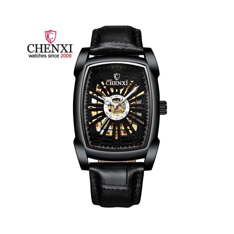 CHENXI - automatic square watch - hollow-carved design - leather strap - blackWatches