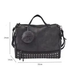 Vintage nubuck leather bag with rivets / fur pom pomBags