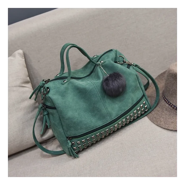 Vintage nubuck leather bag with rivets / fur pom pomBags