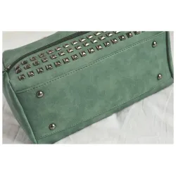 Vintage nubuck leather bag with rivets / fur pom pomBags