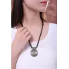 Vintage necklace - round metal pendant - leather ropeNecklaces