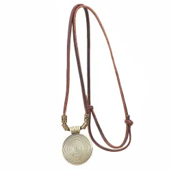 Vintage necklace - round metal pendant - leather ropeNecklaces