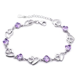 Elegant bracelet - purple crystals / hearts - 925 sterling silverBracelets