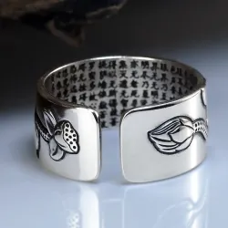 Buddhist heart sutra ring - lotus - silver - resizable - unisexRings