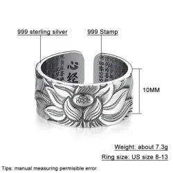 Buddhist heart sutra ring - lotus - silver - resizable - unisexRings