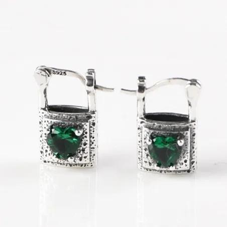 Silver lock / green crystal heart - silver earringsEarrings