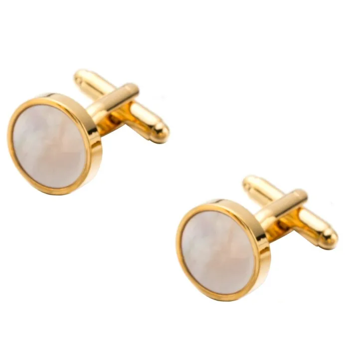 Round gold cufflinks - with white pearl stoneCufflinks