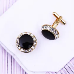 Gold round cufflinks - crystals / black enamelCufflinks