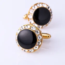 Gold round cufflinks - crystals / black enamelCufflinks