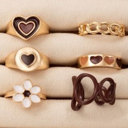 Retro style rings - brown flowers / hearts - 6 piecesRings