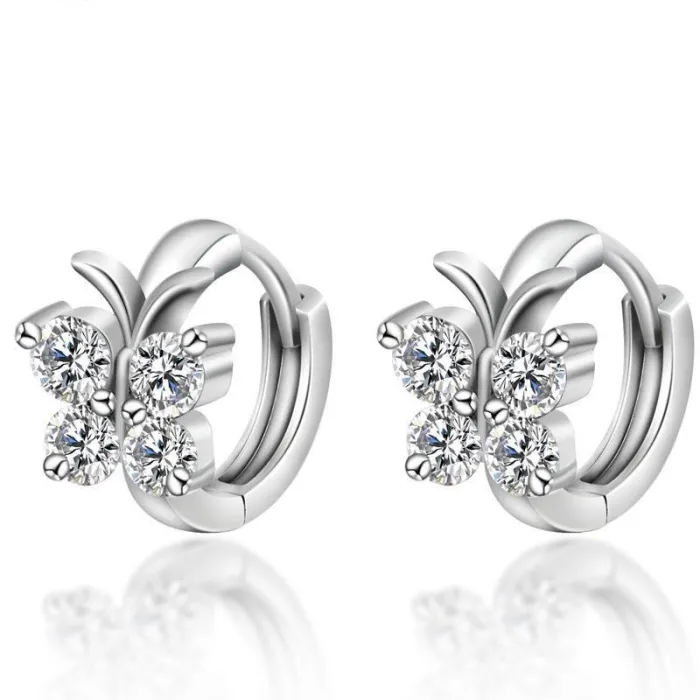 Round silver earrings with crystal butterflyEarrings