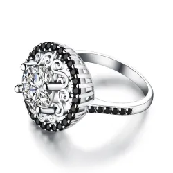 Elegant silver ring - hollow out flower - white / black crystalsRings