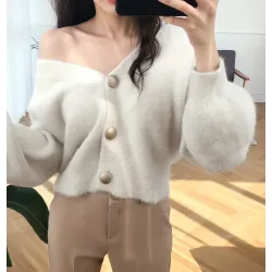 Fashionable soft cardigan - loose short sweater - with buttons - mink cashmereHoodies & Jumpers