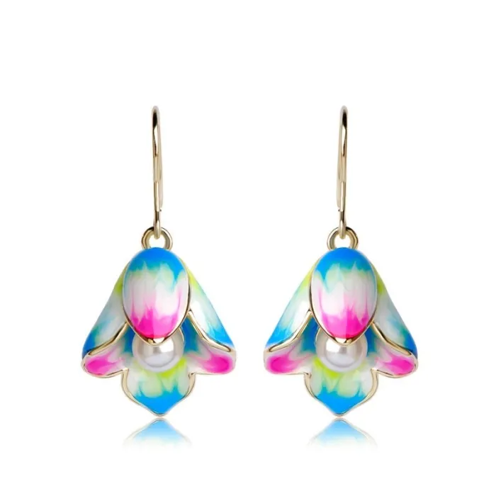 Porcelain flowers & pearl - long drop earringsEarrings