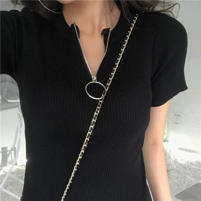 Casual short sleeve top with zipper - t-shirtWomen's fashion