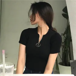 Casual short sleeve top with zipper - t-shirtWomen's fashion