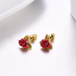 Gold stud earrings with red roseEarrings